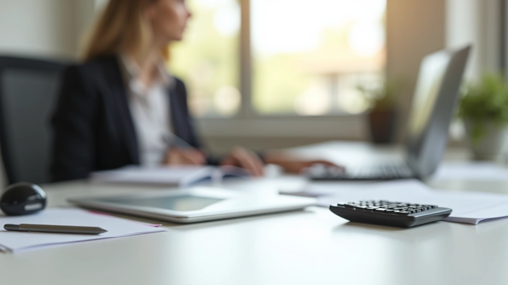 Schreibtisch mit Laptop, Notizbuch und Finanzunterlagen in einem hellen Büro
