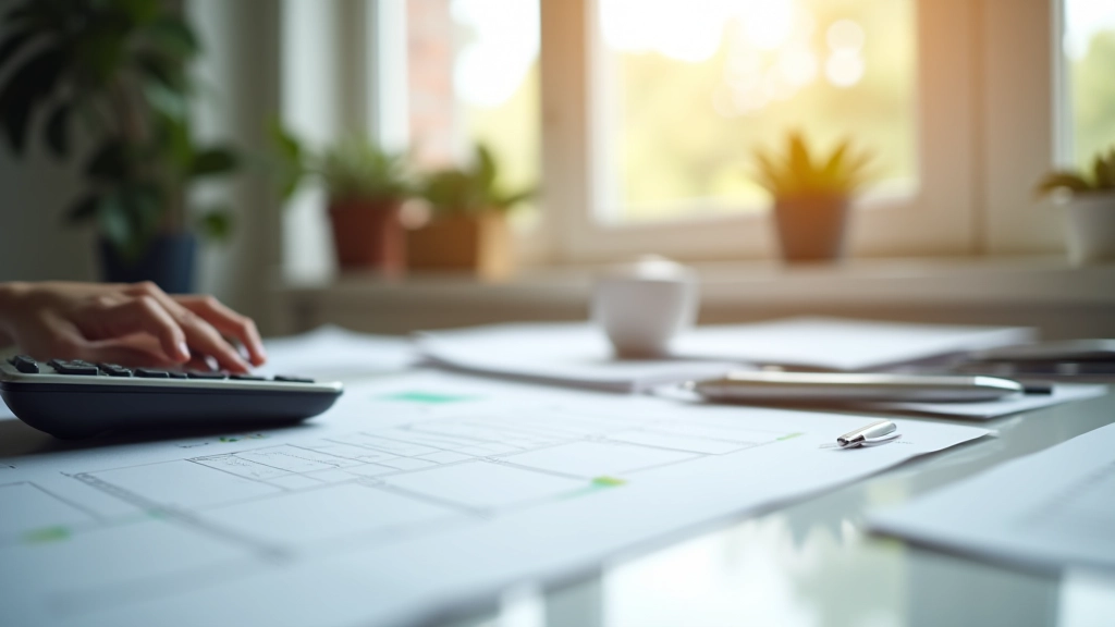 Modernes Büro mit Finanzplanungsmaterialien, helles natürliches Licht, professionelle Atmosphäre