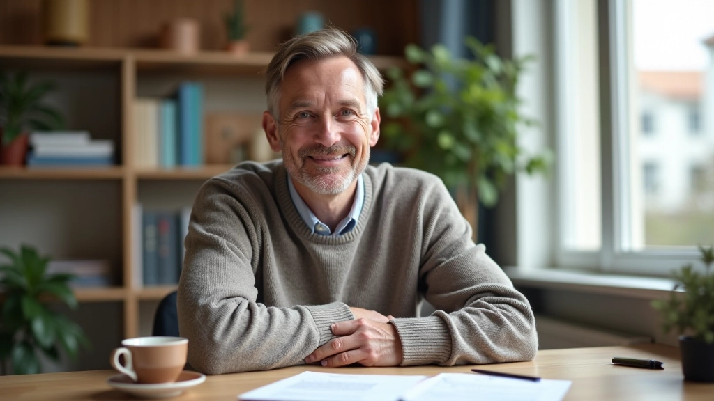 Person mit Tasse Kaffee schaut zufrieden auf ihren verbesserten Finanzplan