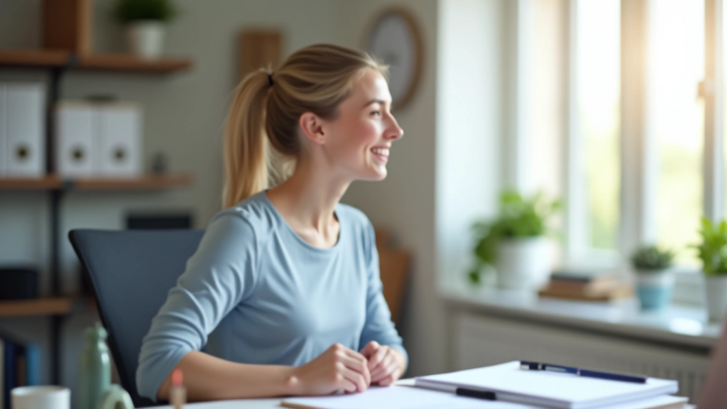 Freiberufler mit zufriedenem Ausdruck bei Finanzplanung, helles Büro mit Ordnung und Struktur, positive Atmosphäre